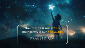 Praesidium Accreditation graphic emphasizing the YMCA of South Alabama's commitment to child safety and abuse prevention.